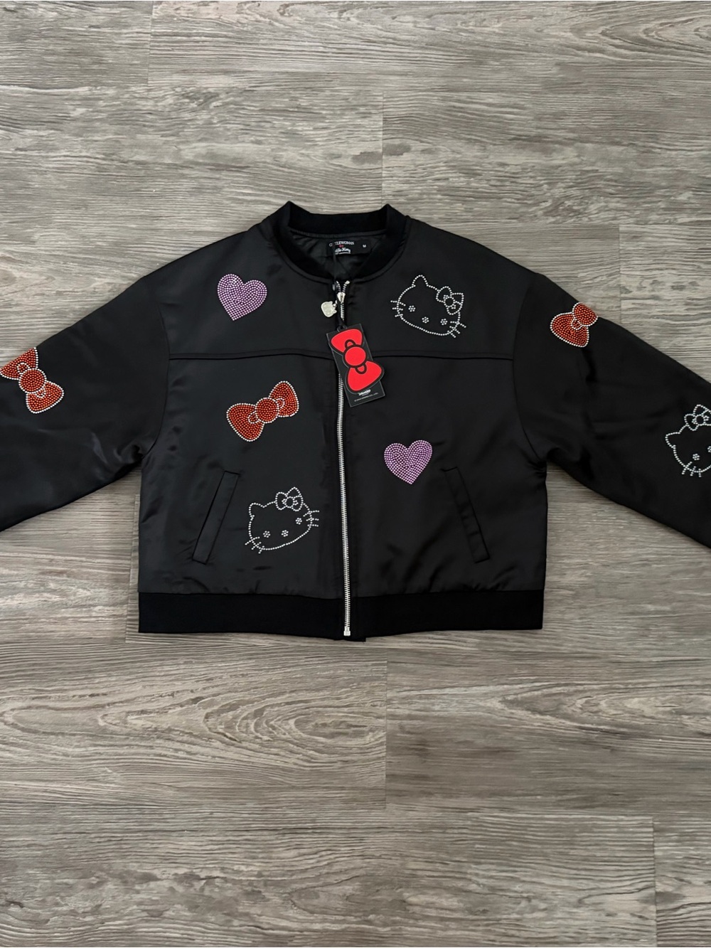 Hello Kitty Rhinestone Black Leather Jacket with Pink Hearts & Red Bows 🎀